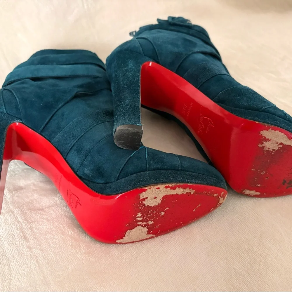🛑Christian Louboutin Teal Suede Lace-Up Ankle Boots with Red Sole - Picture 7 of 9